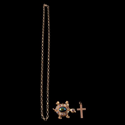 Lot 201 - A gold cross pendant, a gold chain necklace, and a costume jewellery brooch.
