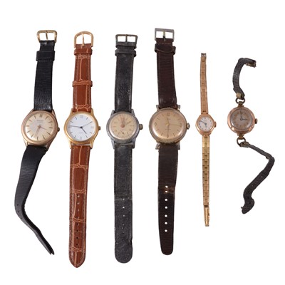 Lot 345 - A 9 carat yellow gold manual wind wristwatch, and five other vintage wristwatches.