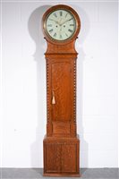 Lot 546 - Oak drum top longcase clock, circular painted...