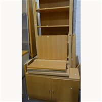 Lot 588 - Beech office desk, wall cupboard, filing unit...