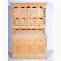 Lot 529 - Modern pine dresser, moulded cornice above...