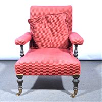 Lot 486 - Victorian ebonised easy chair, with red...