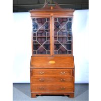 Lot 558 - Edwardian mahogany bureau bookcase, swan-neck...