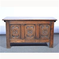 Lot 502 - Reproduction joined oak coffer, three panel...
