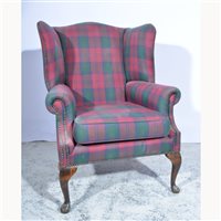 Lot 479 - Georgian style wing-back armchair, check...