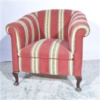Lot 483 - Edwardian armchair, scrolled arms, square...