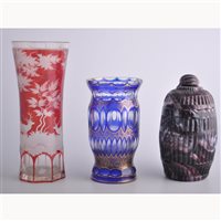 Lot 118 - Victorian blue overlaid clear glass vase, gilt...