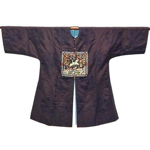 Lot 17 - Chinese dark blue damask long robe,...
