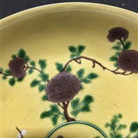 Lot 25 - Chinese yellow ground circular dish, bearing...