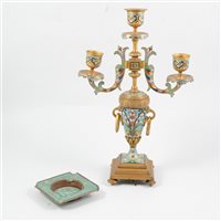 Lot 166 - French gilt metal and champleve enamelled three-light candelabra, 31cm; and a cloisonne square ashtray. (2)