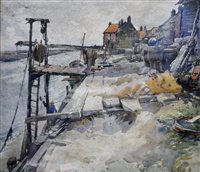 Lot 274 - English School, possibly Albert Strange,  Quayside, watercolour