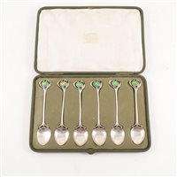 Lot 524 - A cased set of six 'Cymric' silver and enamel teaspoons, Liberty & Co., Birmingham, 1902