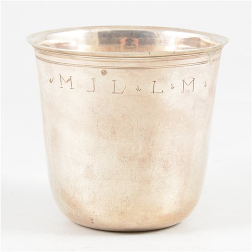 Lot 31 - French silver tumbler-shape beaker, maker's mark NC, Paris, late 18th century.