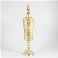 Lot 24 - Gilt metal 'steeple' cup and cover, probably central European, in part 18th century.
