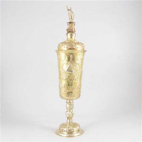 Lot 24 - Gilt metal 'steeple' cup and cover, probably central European, in part 18th century.