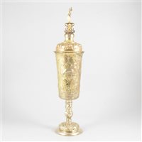 Lot 24 - Gilt metal 'steeple' cup and cover, probably central European, in part 18th century.