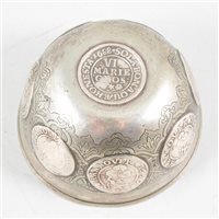 Lot 50 - Small white metal coin cup, unmarked, set with Brunswick Mariengrosch. coins, 1667-88.