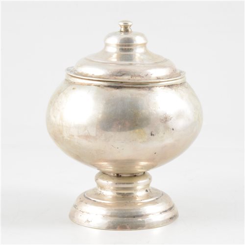 Lot 64 - White metal pedestal jar and cover, possibly Persian, probably 19th century.