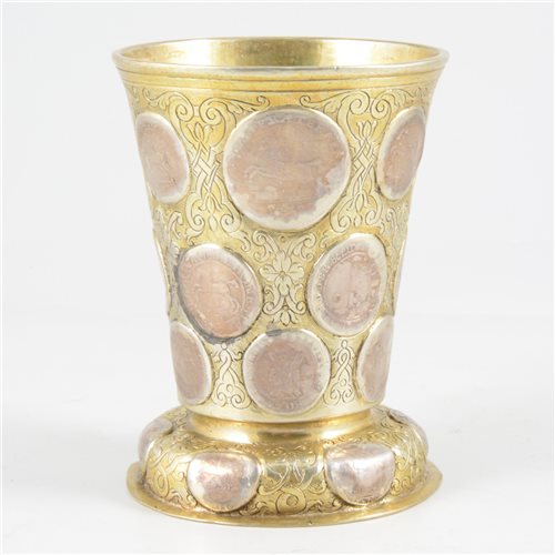 Lot 49 - German silver parcel gilt beaker, set with 18th century coins.