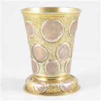 Lot 49 - German silver parcel gilt beaker, set with 18th century coins.