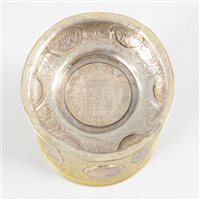 Lot 49 - German silver parcel gilt beaker, set with 18th century coins.