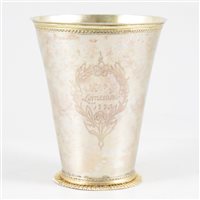 Lot 8 - Scandinavian parcel gilt peg beaker, maker's mark only FR, possibly Norwegian, 18th century.
