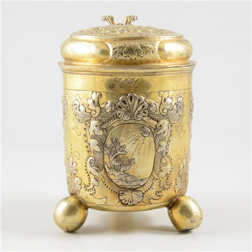 Lot 63 - Russian silver gilt lidded tankard, maker's marks SV and Cyrillic MC, Moscow, 18th Century.