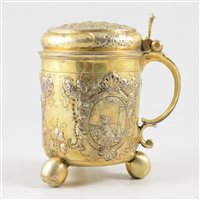 Lot 63 - Russian silver gilt lidded tankard, maker's marks SV and Cyrillic MC, Moscow, 18th Century.
