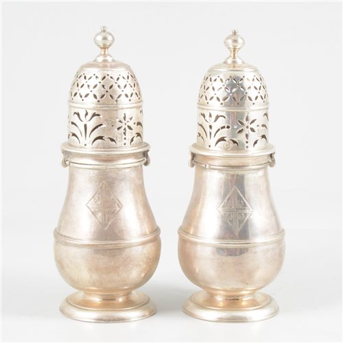 Lot 104 - Pair of Queen Anne Britannia Standard baluster-shape casters, probably Charles Adam, marks rubbed.