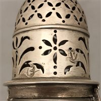 Lot 104 - Pair of Queen Anne Britannia Standard baluster-shape casters, probably Charles Adam, marks rubbed.