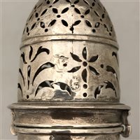 Lot 104 - Pair of Queen Anne Britannia Standard baluster-shape casters, probably Charles Adam, marks rubbed.