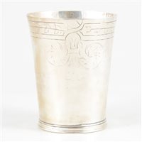 Lot 114 - Commonwealth period silver beaker, marks rubbed, circa 1650.