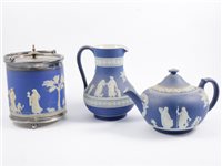 Lot 58 - Wedgwood Blue Jasper ware biscuit barrel,...