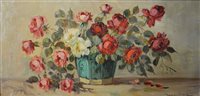 Lot 324 - Pair circular mahogany framed floral still life prints, and other works.