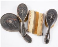 Lot 284 - Six-piece silver and tortoise shell dressing table set, piquet decoration
