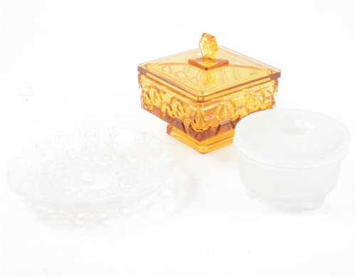 Lot 82 - René Lalique, 'Oursins' an opalescent dish (polished rim) and two other glass boxes
