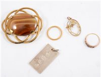 Lot 265 - A 22 carat yellow gold wedding band, 2.5mm wide, approximate weight 3.6gms, ring size M, a small ring missing stones, a half ounce silver ingot and chain, costume jewellery brooch and pendant.