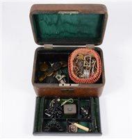 Lot 217 - Victorian and later costume jewellery in a morocco case, some black mourning jewellery, hat pins, paste clips and buckles etc