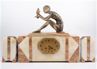 Lot 245 - An Art Deco clock garniture, mounted with a patinated spelter female with parrot