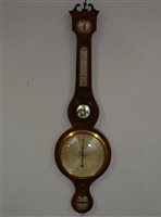 Lot 153 - Victorian mahogany banjo barometer, swan neck pediment, boxwood and ebony strung outlines, silvered dials and mirror panel, signed B. Bernasconi, Nottingham, Warranted, 99cm.