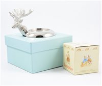 Lot 163 - A tray of gift items, Culinary Concepts boxed stag design bottle coasters, silver-plated and other photograph frames, a Royal Doulton "Bunnykins" boxed christening mug etc