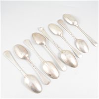 Lot 138 - George I Britannia Standard rat-tail spoon, Henry Clarke, London 1716; and seven other spoons.
