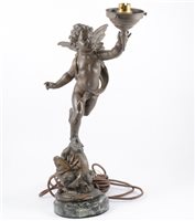 Lot 200 - After Bruce on, L'Amour Vanqueur speller table lamp, wall lights, glass shades - crystal milk glass, hanging shade.