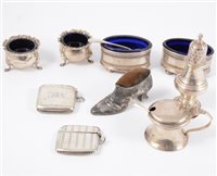 Lot 232 - Silver condiments, metal shoe pin cushion, vesta cases by William Neale & Son Ltd, Birmingham, 1912, etc.