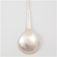 Lot 11 - Amended: German silver finial top spoon, back engraved A M Stromberg, bears date 1571