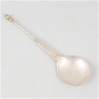 Lot 11 - Amended: German silver finial top spoon, back engraved A M Stromberg, bears date 1571
