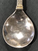 Lot 11 - Amended: German silver finial top spoon, back engraved A M Stromberg, bears date 1571