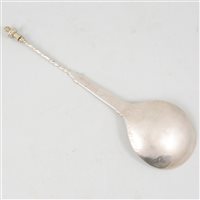 Lot 11 - Amended: German silver finial top spoon, back engraved A M Stromberg, bears date 1571