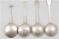 Lot 12 - Scandinavian bead top spoon, back engraved 1715; and three Eastern European spoons.