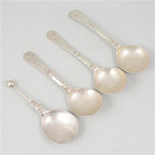 Lot 12 - Scandinavian bead top spoon, back engraved 1715; and three Eastern European spoons.